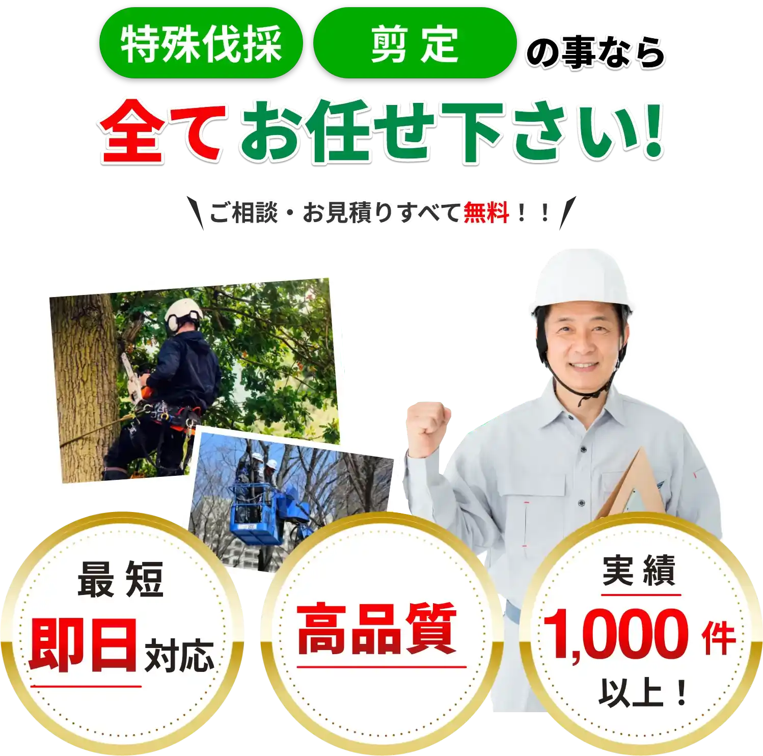 特殊伐採・選定の事なら全てお任せ下さい！ご相談・お見積りすべて無料！！最短即日対応・高品質・実績1,000件以上！